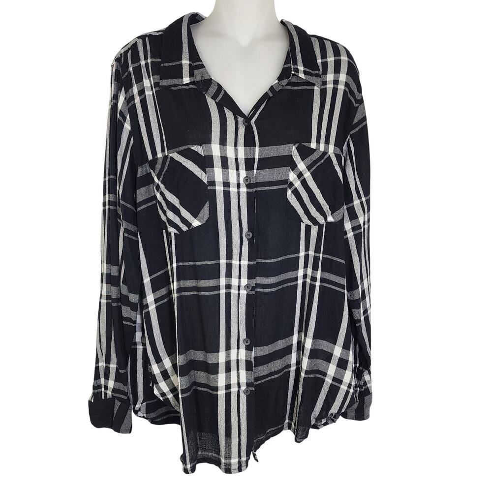 Lucky Brand Womens Shirt Button Down Black Large Plaid Long Sleeve Pockets Boho